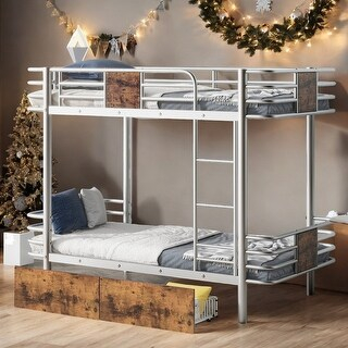 2 Storage Drawers Twin Xl Over Twin Xl Metal Bunk Bed With Guardrail ... inside Gewnee Twin Xl Over Twin Xl Metal Bunk Bed