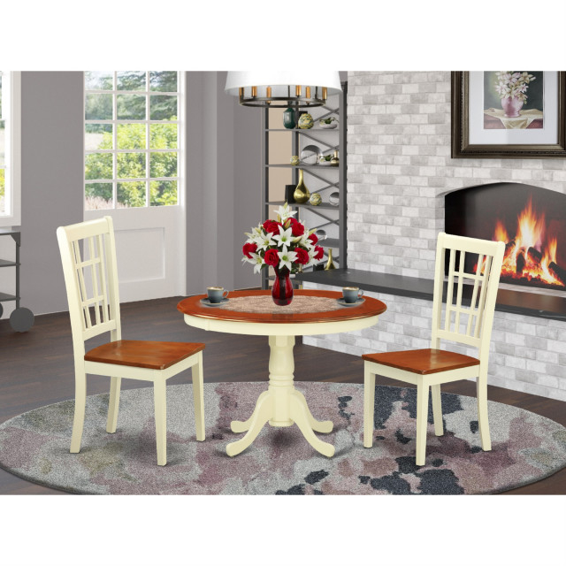 3-Piece Set, A Round Small Table, 2 Wood Chairs, Buttermilk/Cherry ... intended for 3-Piece Set, A Round Small Table, 2 Leather Kitchen Chairs, Buttermilk/Cherry