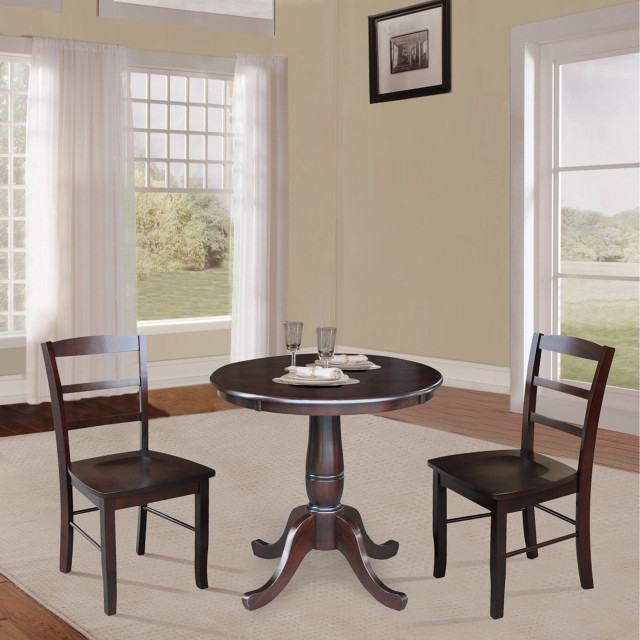 30" Round Pedestal Dining Table With 2 Madrid Ladderback Chairs ... regarding Beyond the Basics Exploring Styles and Materials for a 30x30 Dining Set