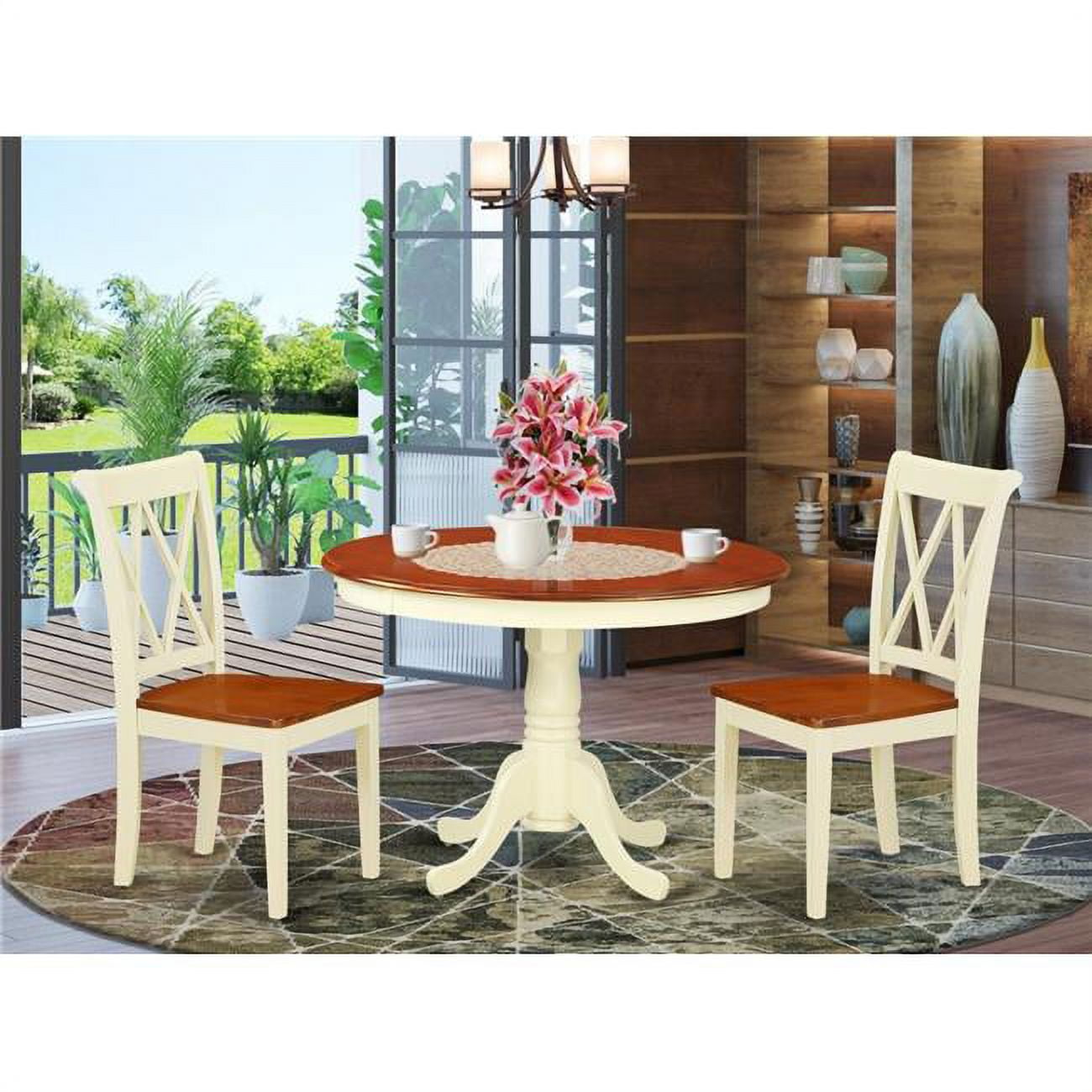 42 In. Hartland Round Table & 2 Double X Back Chairs - Buttermilk ... with 3-Piece Set, A Round Small Table, 2 Leather Kitchen Chairs, Buttermilk/Cherry