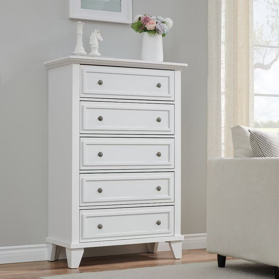 5 Drawers Dresser For Bedroom, Modern Drawer Chest, Wood Organizer ... for 5 Drawers Chest With Nickel Rose Handle, Pearl White