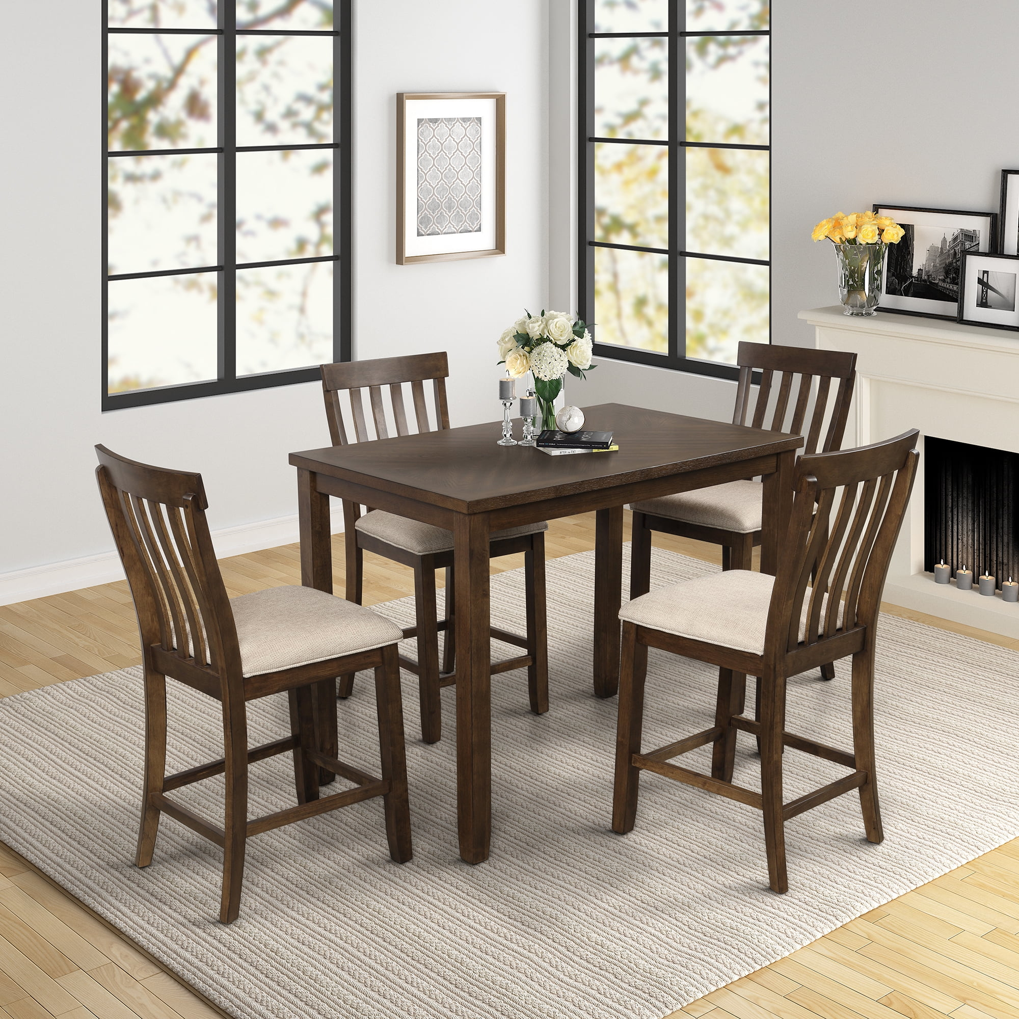 5 Piece Dining Table And Chair Set, Wooden Dining Room Table And Set Of ... inside 5-Piece Dining Room Set, Table With 2 Dining Table Chairs And 2 Benches