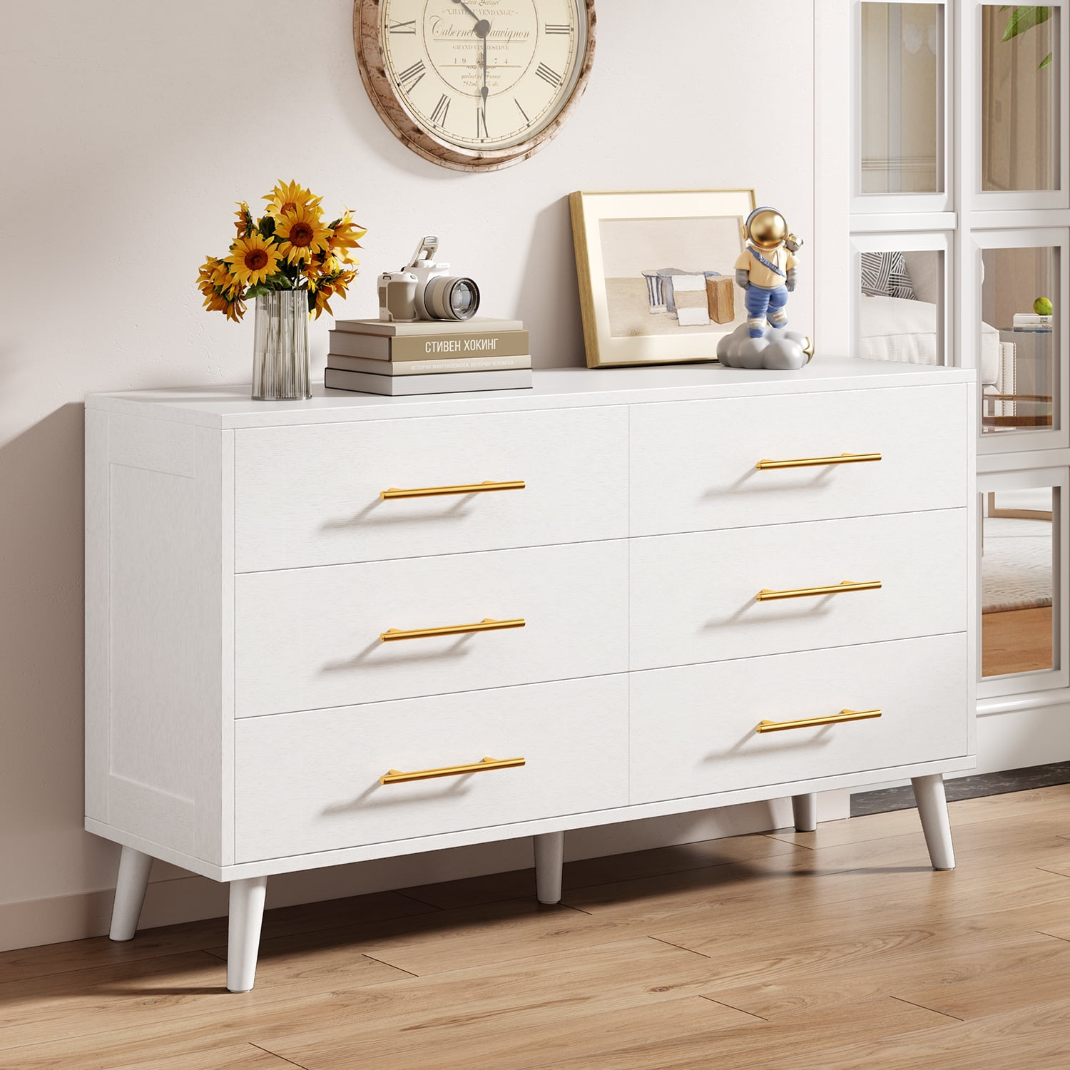 6 Drawers White Dresser For Bedroom, Lofka Modern Wood Double Chest Of ... regarding 6 Drawers Dresser With Nickel Rose Handle, Pearl White