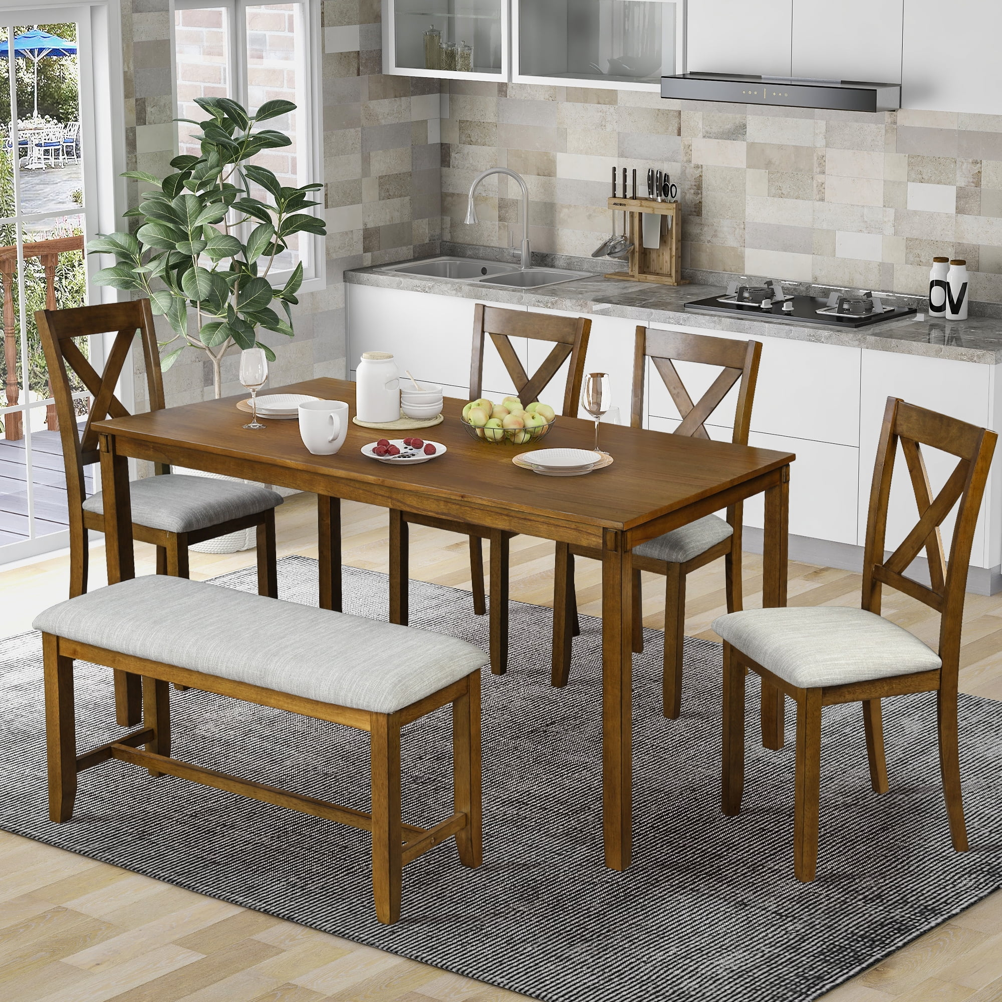 6 Piece Dining Table Set, Modern Home Dining Set With Table, Bench & 4 ... inside Creating a Welcoming Dining Space with a 6-Piece Table and Chairs