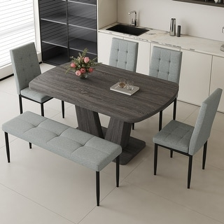 6-Piece Table With Marbled Veneers Tabletop And 4 Chairs, 1 Bench ... throughout 6-Piece Table With 12" Leaf And 4 Wood Chairs With Bench, Espresso