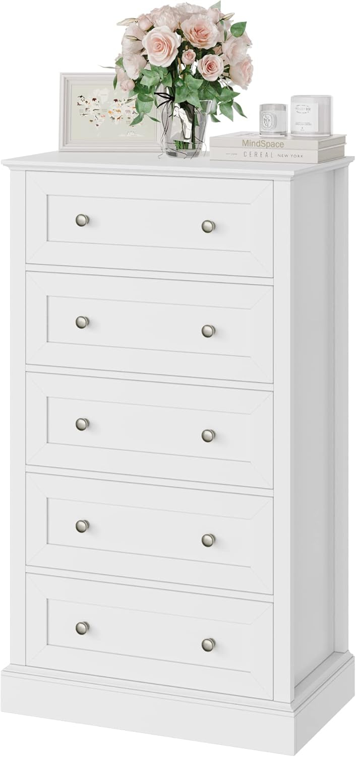 Amazon.com: Facbotall 5 Drawer Dresser, Tall White Dresser With 5 ... within 5 Drawers Chest With Nickel Rose Handle, Pearl White