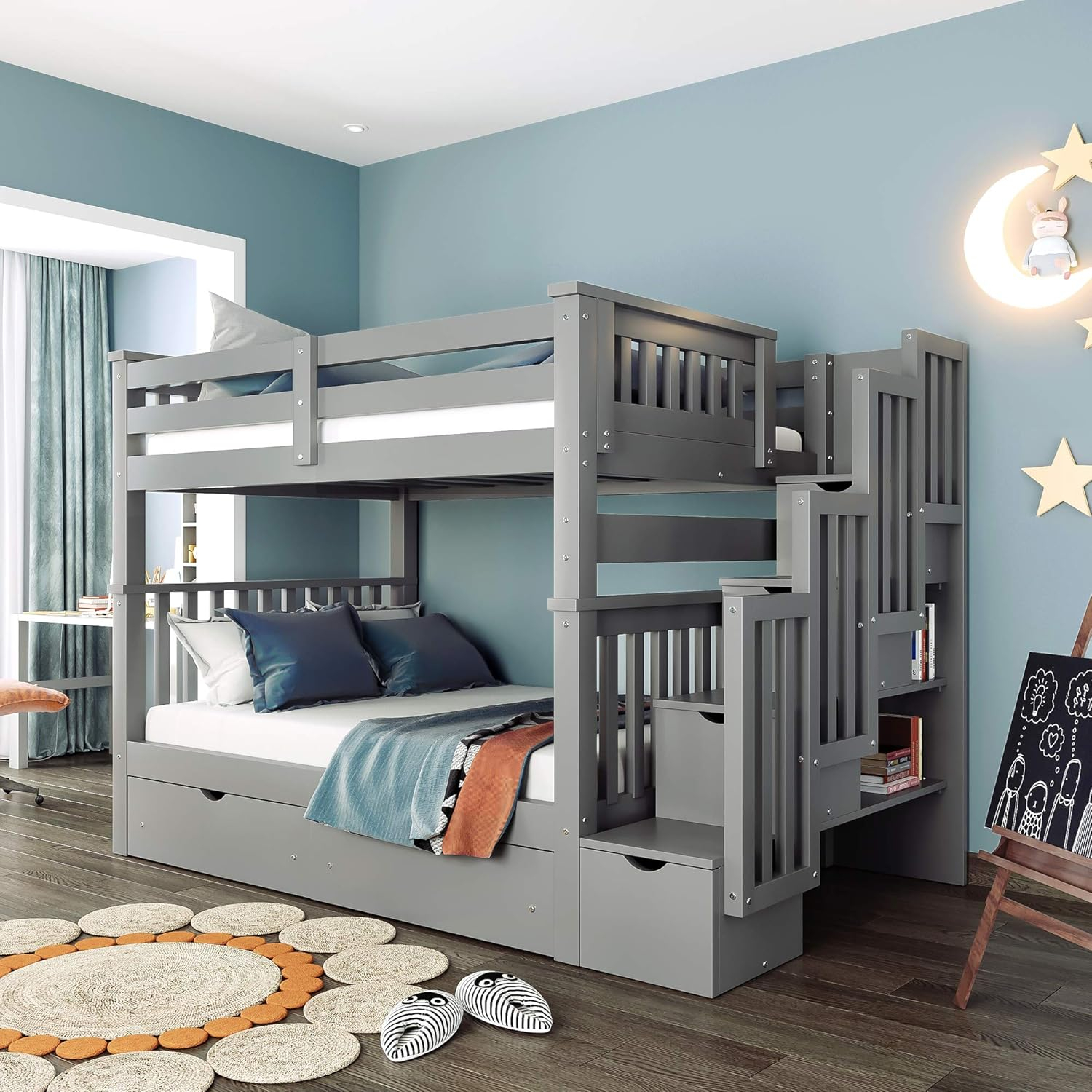Amazon.com: Full Over Full Bunk Bed With Stairs, Wooden Bunk Bed With ... intended for Beyond the Bed Understanding the Value of Gewnee's Storage Drawers