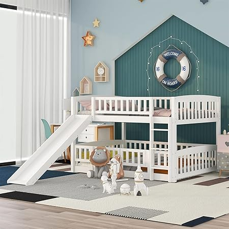 Amazon.com: Full Over Full Low Bunk Bed With Slide And Fence Railings ... inside Gewnee Full Over Full Low Bunk Bed With Slide And Fence In White