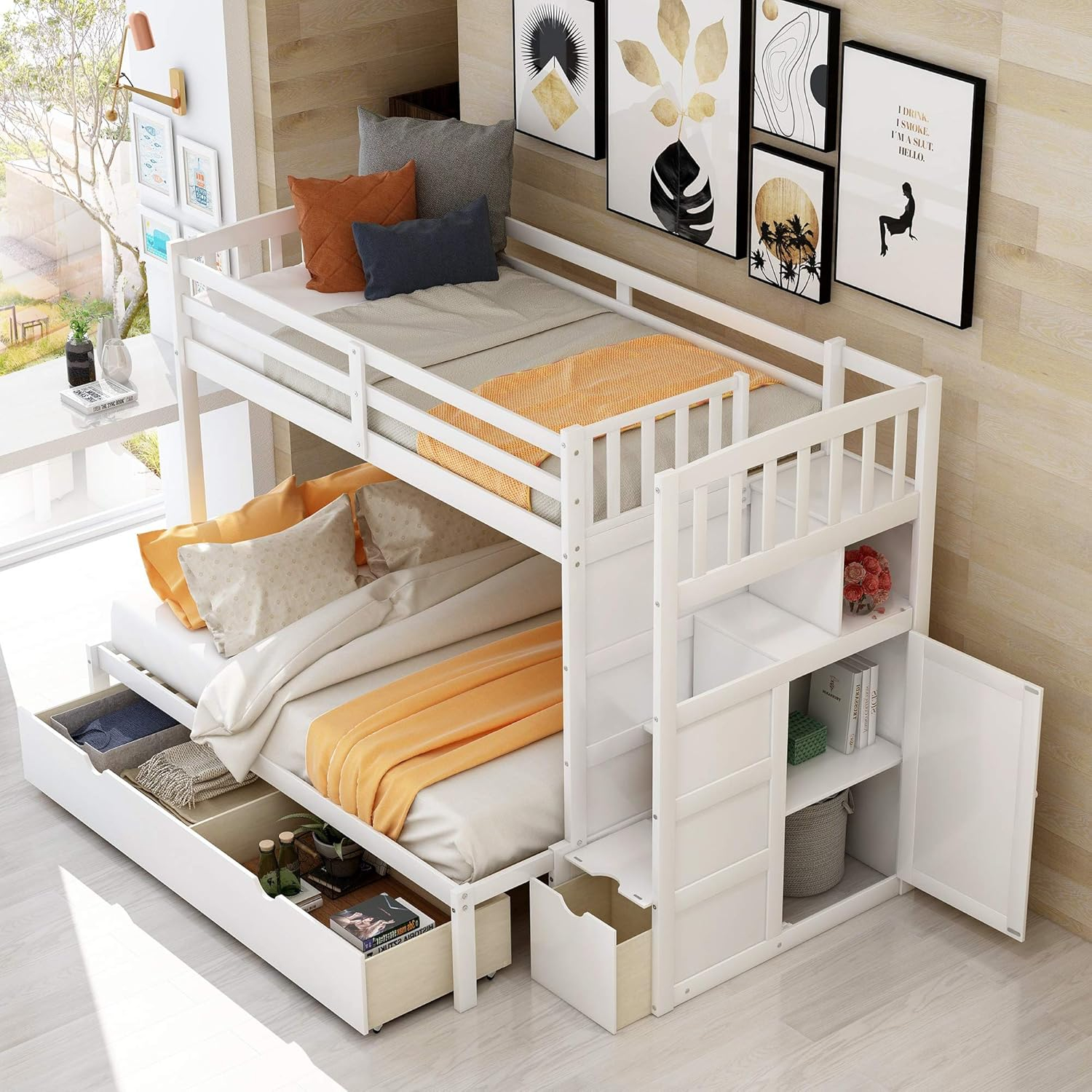 Amazon.com: Harper & Bright Designs Twin Over Full/Twin Bunk Bed With ... for Twin Over Full Bunk Bed With Storage Shelves And Drawers, White