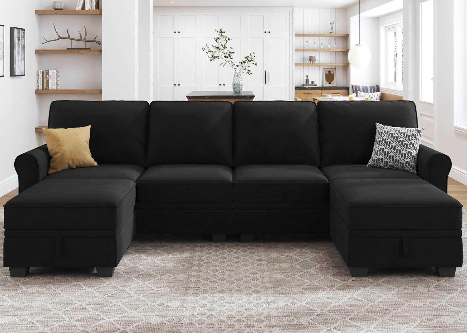 Amazon.com: Honbay Black Velvet U Shaped Sectional Sofa With Storage ... inside Beyan Signature Valencia 126" 3-Piece Velvet U-Shaped Sectional In Black