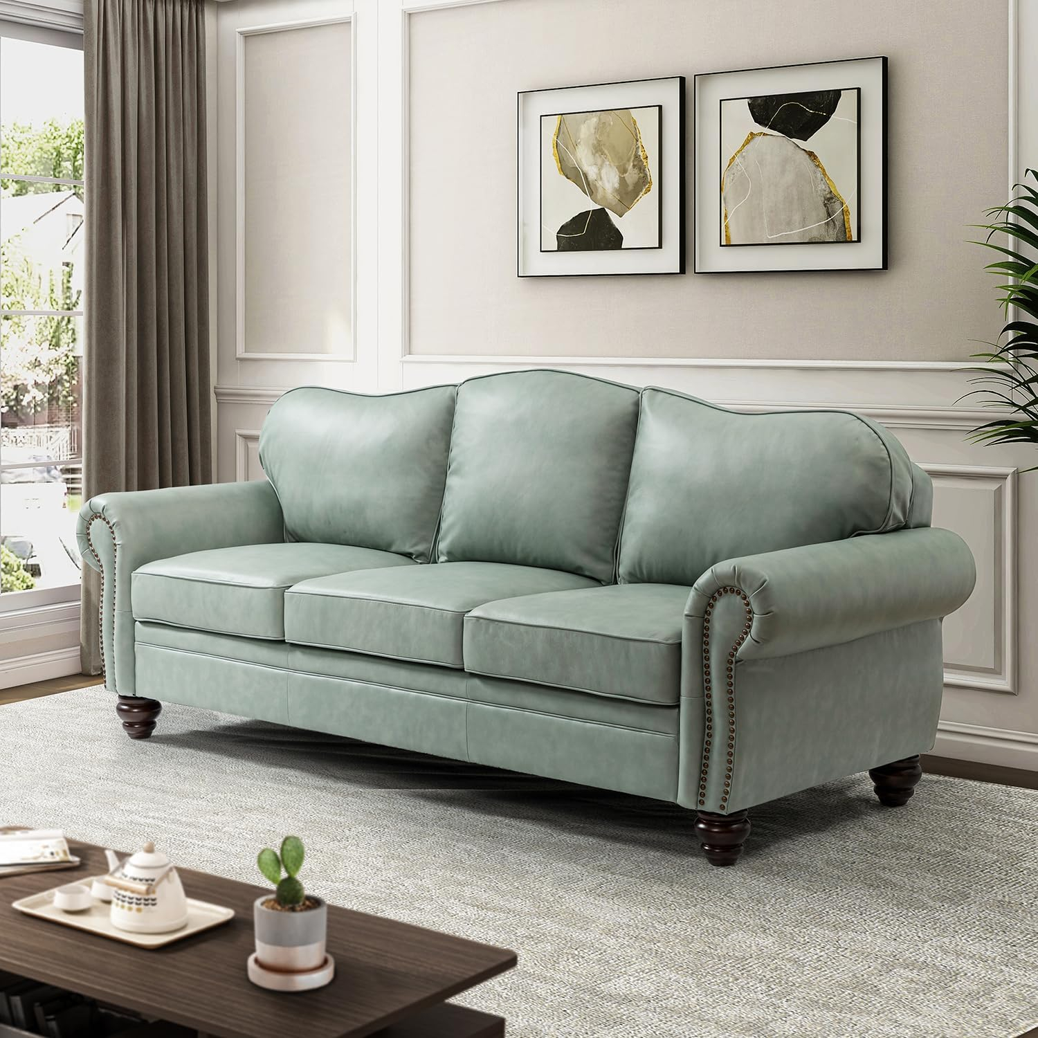 Amazon.com: Hulala Home 81'' Upholstered Leather Sofa With Nailhead ... inside Hooker Furniture Ss117-03 Keys 97"W Leather Sofa - Verona Sage
