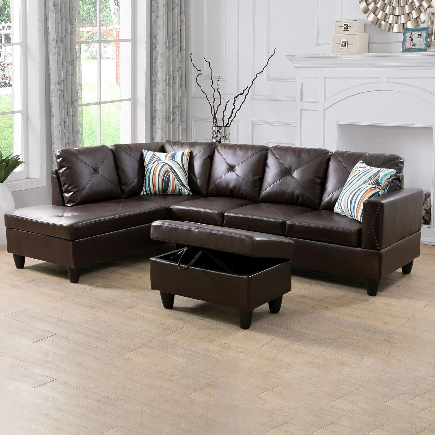 Amazon.com: Livavege 3-Piece Sofa Sets, L-Shape Faux Left Chaise And ... with regard to Benzara Bm168760 Plushed Bonded Leather 3 Pieces Sectional Set, Brown
