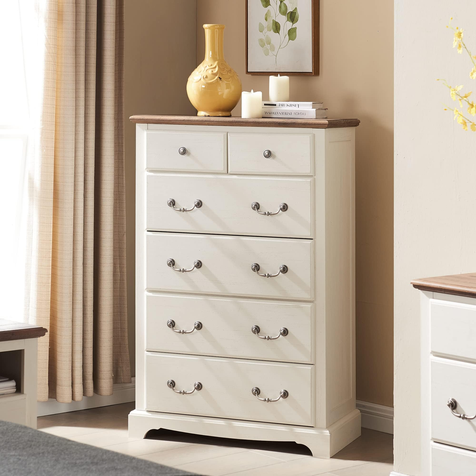 Amazon.com: T4Tream 6 Drawers Dresser Chests For Bedroom, Wood Rustic ... regarding 6 Drawers Dresser With Nickel Rose Handle, Pearl White