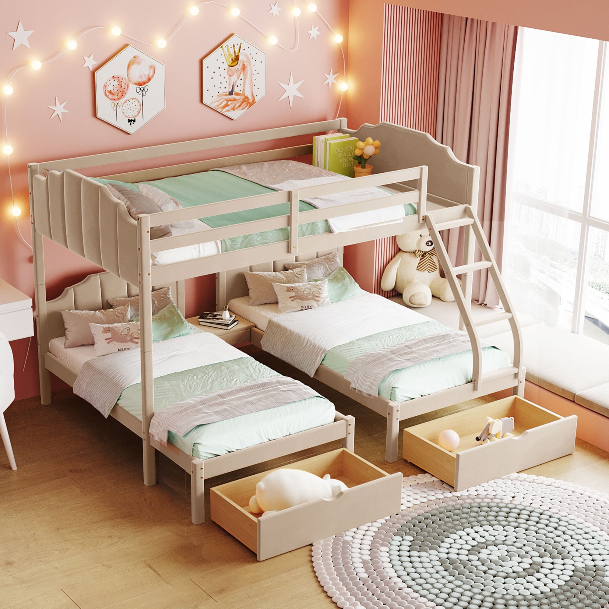 Arctic Scorpion Beige Velvet Triple Bunk Bed With Drawers & Ladder ... throughout Assembling Your Gewnee Velvet Bunk Bed A Step by Step Guide for a Smooth Setup