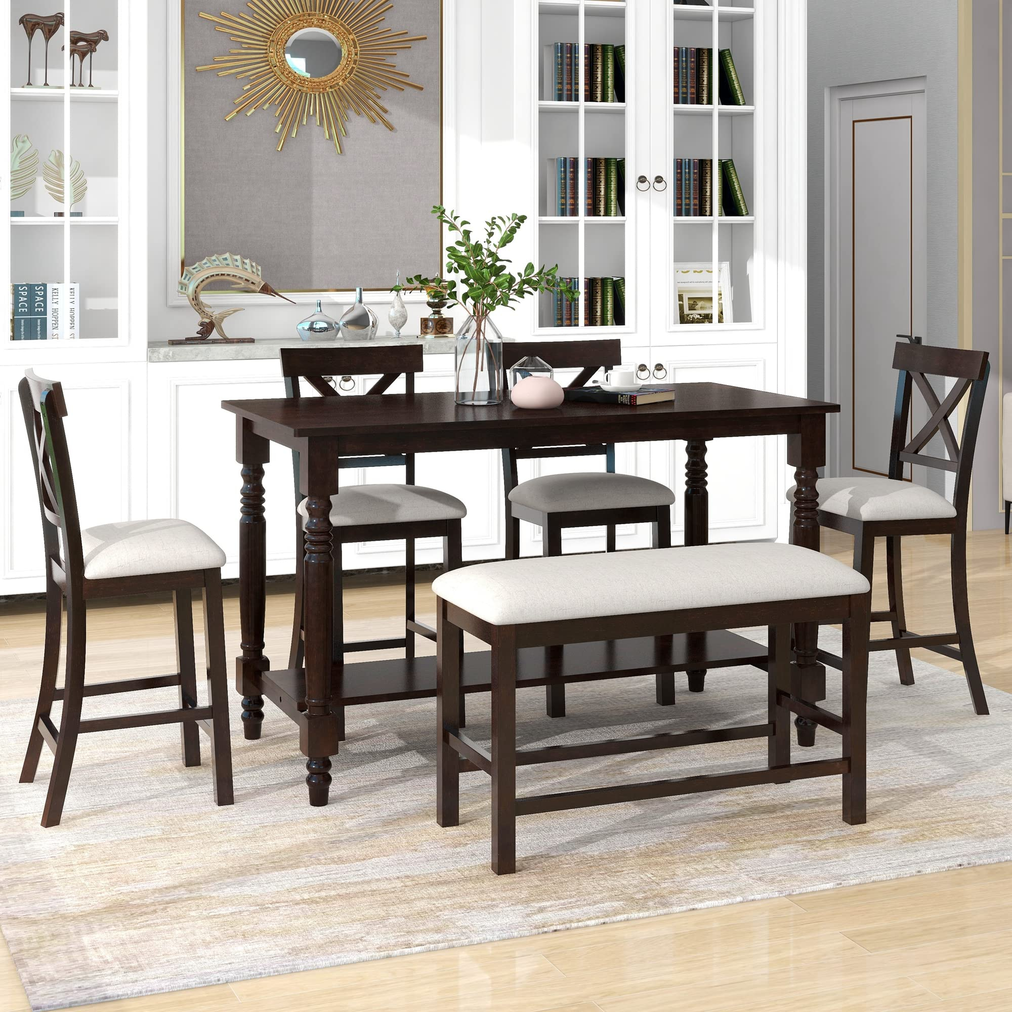 Auction Detail inside 6-Piece Table With 12" Leaf And 4 Wood Chairs With Bench, Espresso