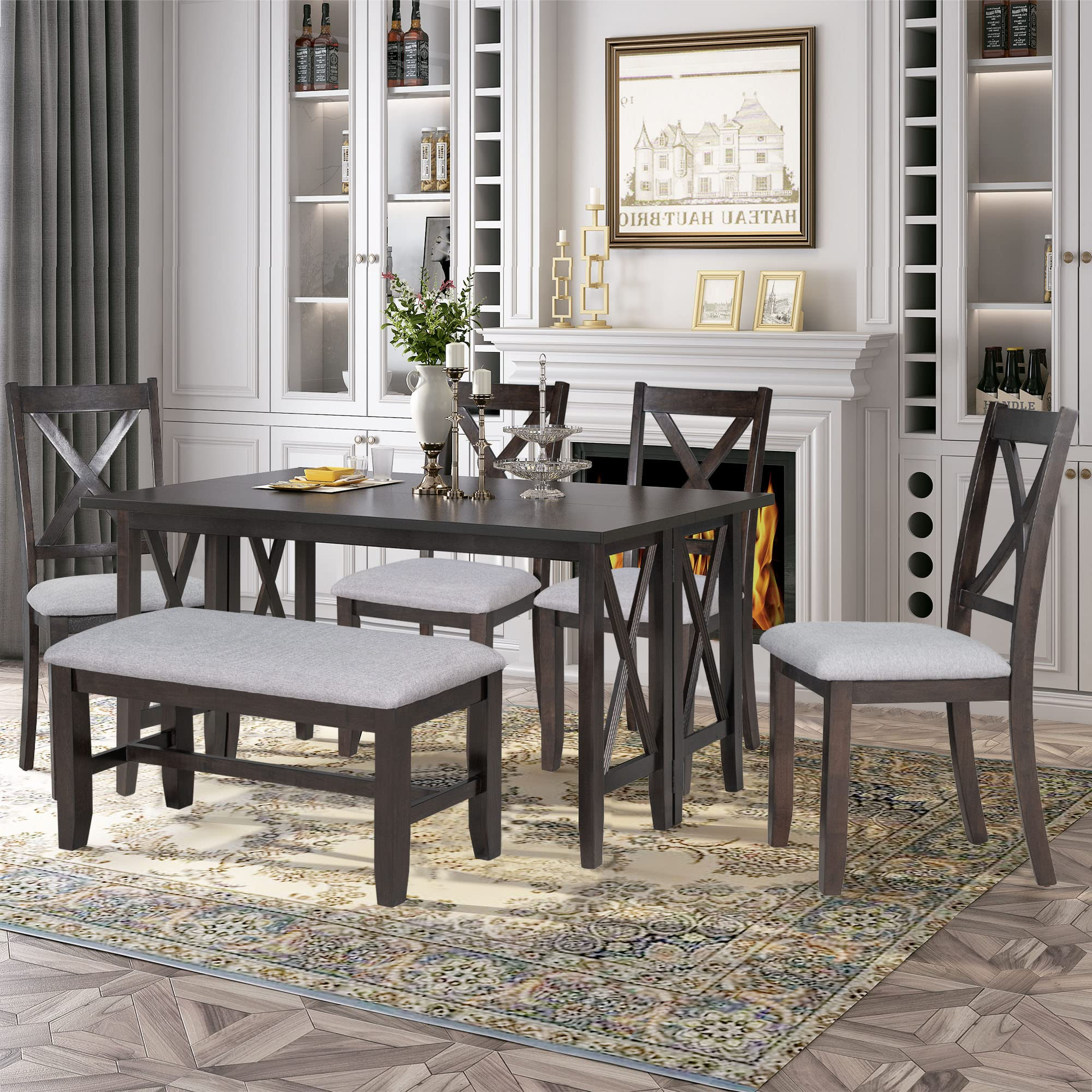 Auction Detail regarding 6-Piece Table With 12" Leaf And 4 Wood Chairs With Bench, Espresso