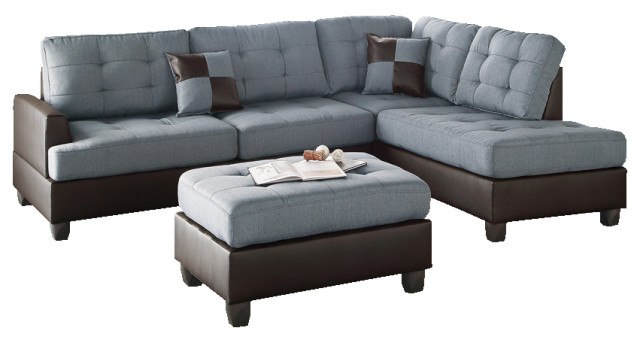 Benzara Bm168702 Polyfiber 3 Pieces Sectional Set, Blue And Brown ... inside Benzara Bm168745 Polyfiber Fabric 4 Pieces Sectional With 2 Pillows, Black