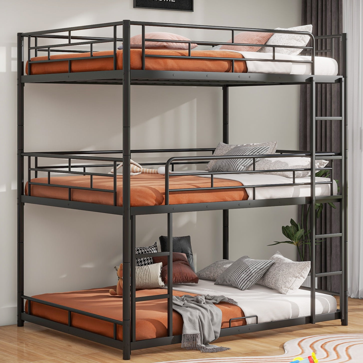Black Metal Full-Size Triple Bunk Bed, Three-Tiered Family Bed, Durable ... with regard to Tateus Space-Saving Metal Triple Bunk Bed With Full-Length Guardrails Twin Size, Black
