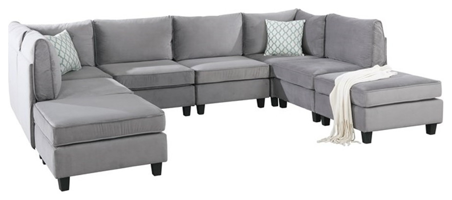 Bowery Hill Contemporary 8-Piece Velvet Modular Sectional Sofa In Gray ... inside Bowery Hill Contemporary Right Facing Sectional In Gray