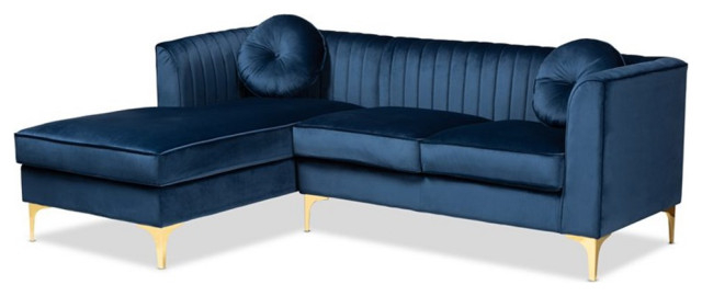 Bowery Hill Navy Blue Velvet Gold Finished Sectional Sofa - Midcentury ... in Creating a Cozy Haven The Navy Blue Sectional Sofa's Interior Design Potential