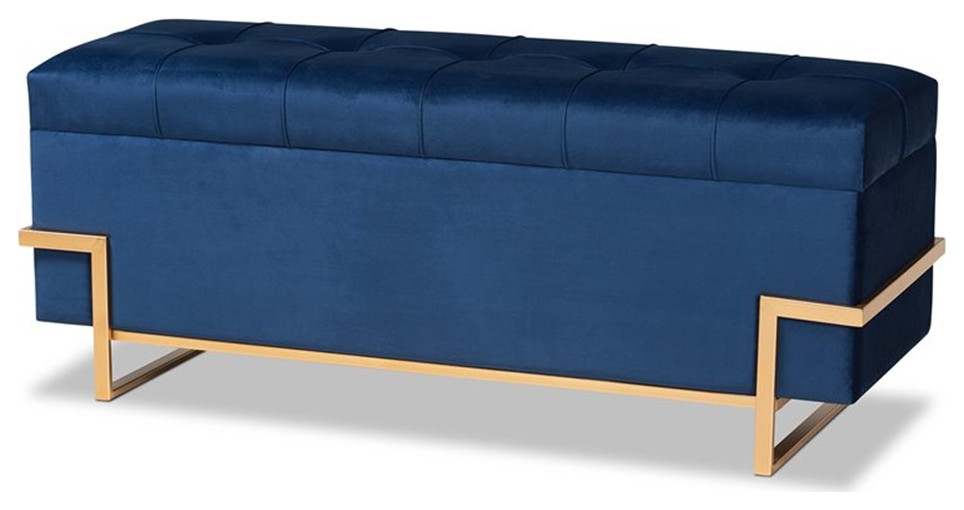 Bowery Hill Navy Blue Velvet Upholstered And Gold Finished Storage ... throughout Creating a Cozy Haven The Navy Blue Sectional Sofa's Interior Design Potential