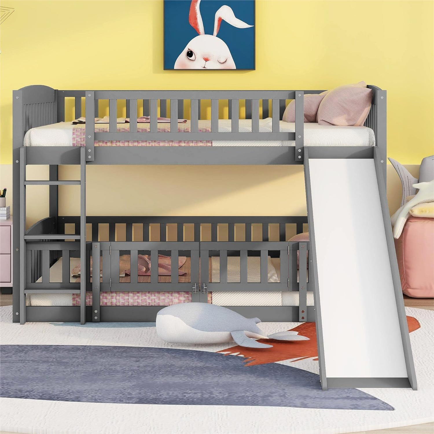 Bunk Bed With Slide, Full Over Full Low Bunk Bed With Fence & Ladder ... pertaining to Building the Perfect Kids Room with a Gewnee Bunk Bed Slide and Fence Considerations