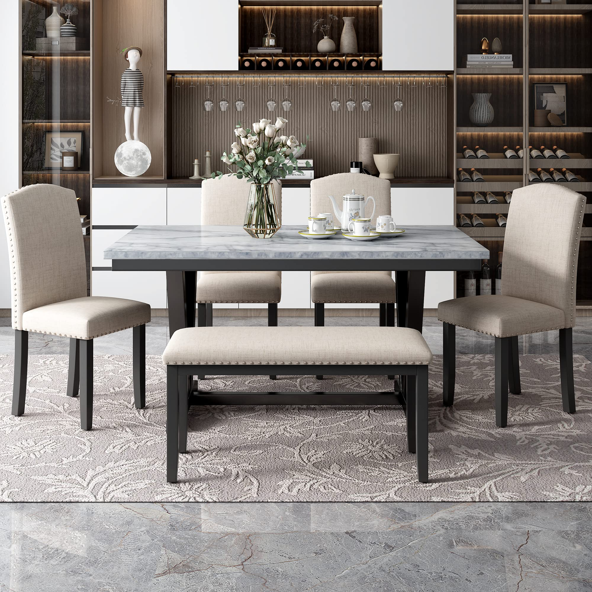 Buy 6 Piece Dining Table Set, Modern Style 6-Person Dining Table With 4 ... intended for 6-Piece Dining Room Set With Kitchen Tables And 4 Wood Chairs Plus Bench