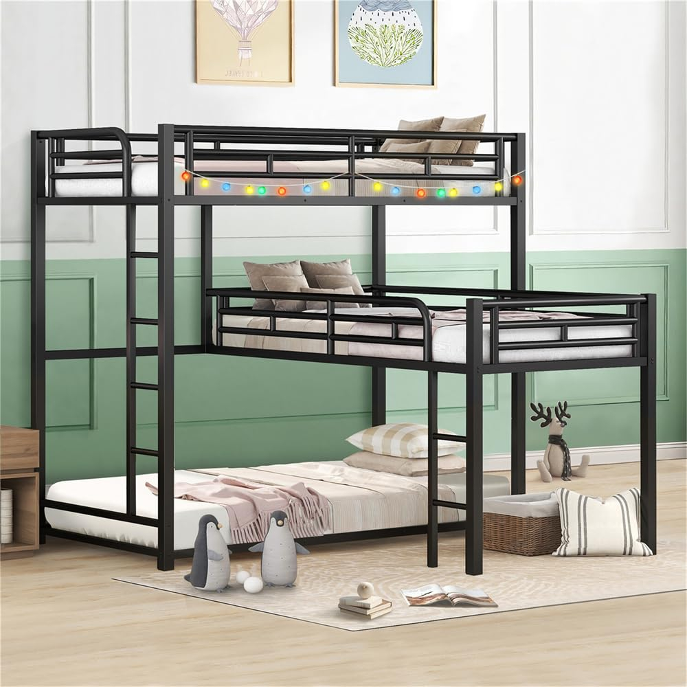 Buy Heavy-Duty Triple Bunk Bed, Metal L-Shaped Bunk Bed For 3 Kids ... throughout Maximizing Space and Safety with the TATEUS Full-Length Guardrail Design
