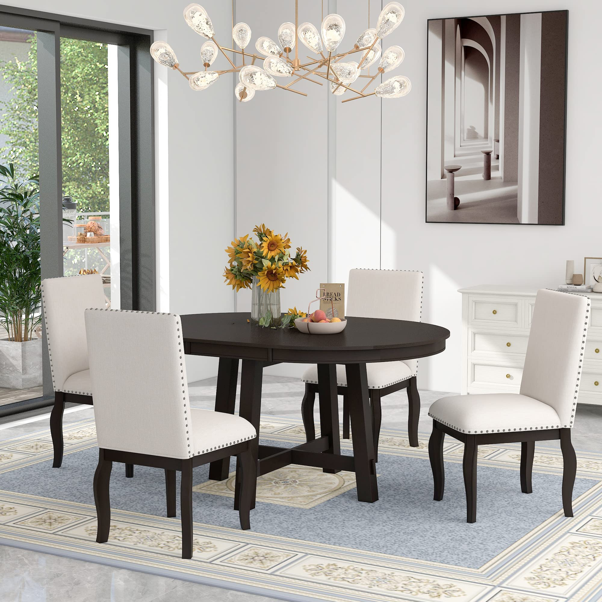 Buy Merax 5-Piece Dining Sets For 4, Farmhouse Dining Table Set, Wood ... pertaining to 5-Piece Dining Set, Table, 4 Wood Chairs With Cushion