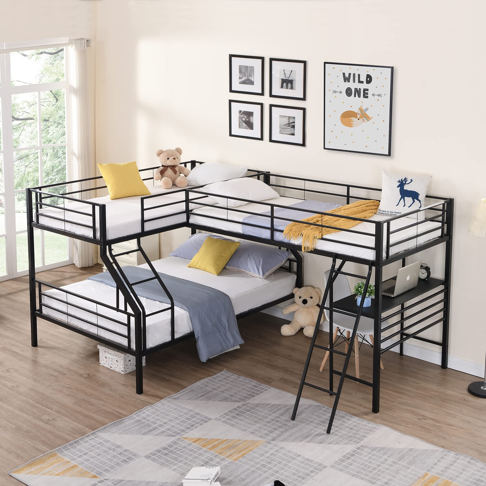 Buy Metal Triple Bunk Beds With Desk, Twin Over Full Bunk Bed Attached ... regarding Maximizing Space and Safety with the TATEUS Full-Length Guardrail Design