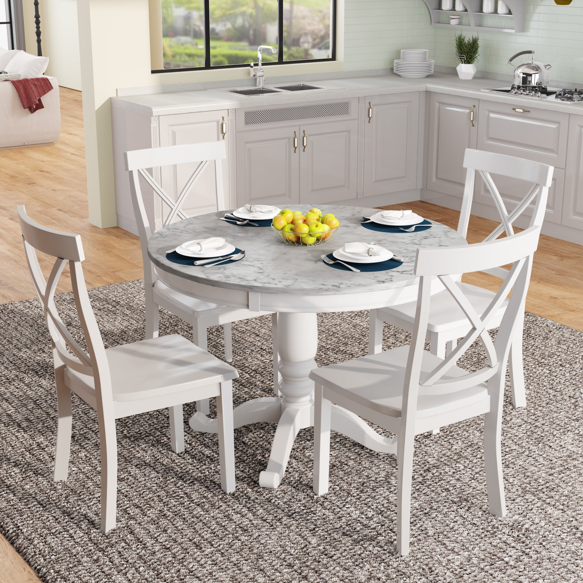 Buy Round Dining Table Set For 4, Wepsen 5 Piece Dining Set With Faux ... with 5-Piece Dining Set, Table, 4 Wood Chairs With Cushion