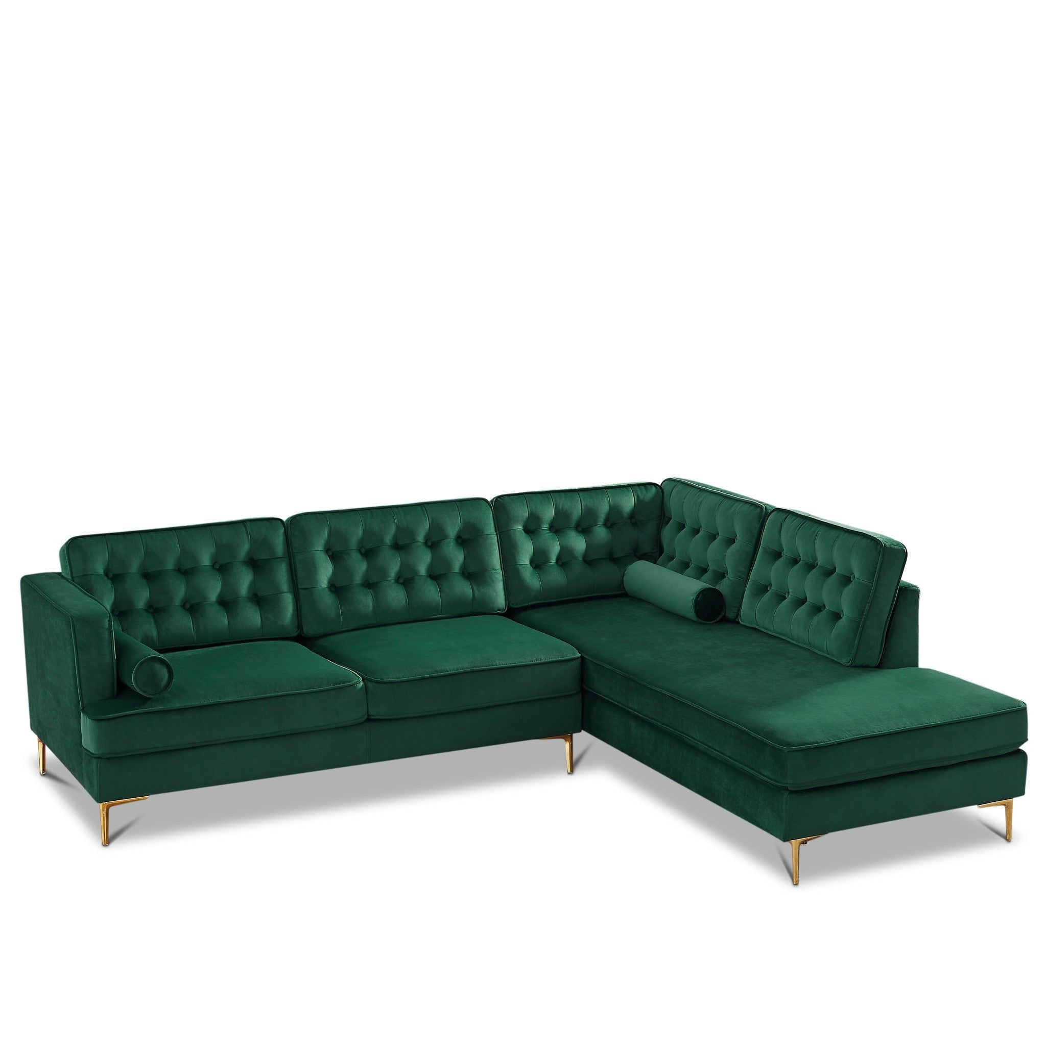 Caleb Sectional Sofa Green Velvet Right Chaise with Castle Modern Pillow Back Velvet Right-Facing Upholstered Sectional In Green