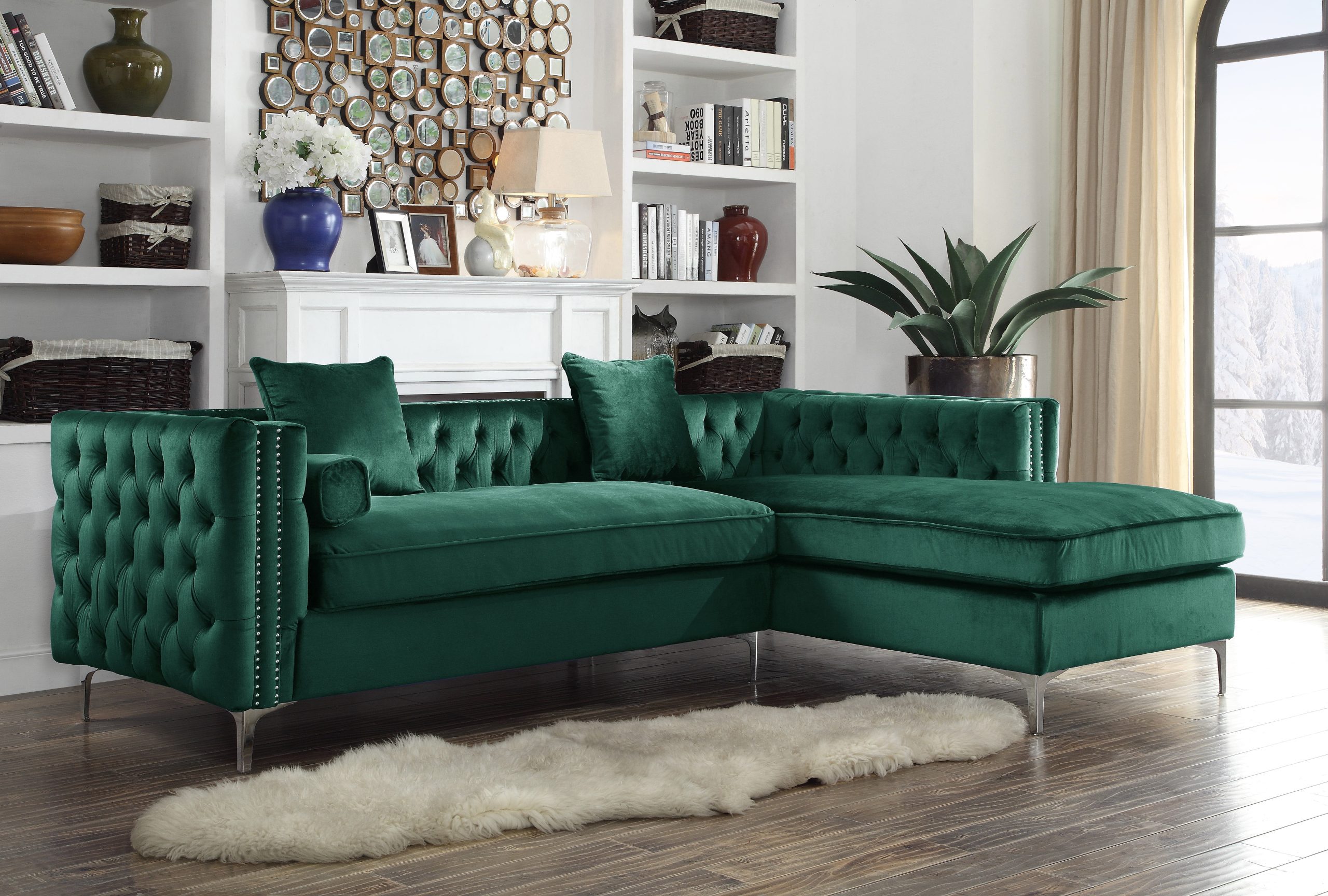 Chic Home Monet Velvet Modern Contemporary Button Tufted With Silver ... with Castle Modern Pillow Back Velvet Right-Facing Upholstered Sectional In Green