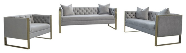 Coaster 3-Piece Contemporary Velvet Tufted Back Sofa Set In Gray ... in Coaster David 3-Piece Modern Fabric Upholstered Sectional In Gray