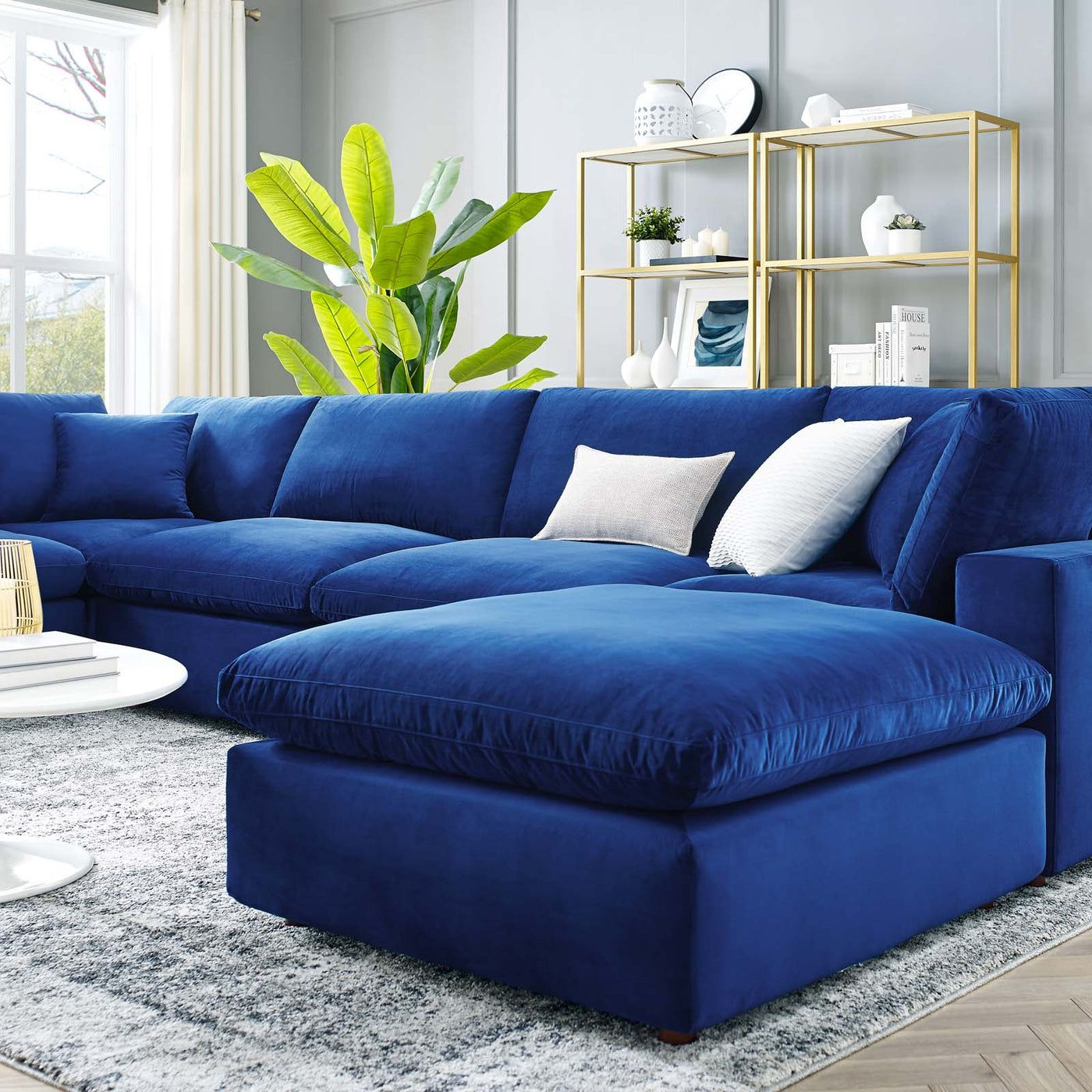 Commix 7-Piece Down Filled Overstuffed Performance Velvet Sectional ... pertaining to Celestine Modern Pillow Back Velvet Right-Facing Upholstered Sectional In Blue