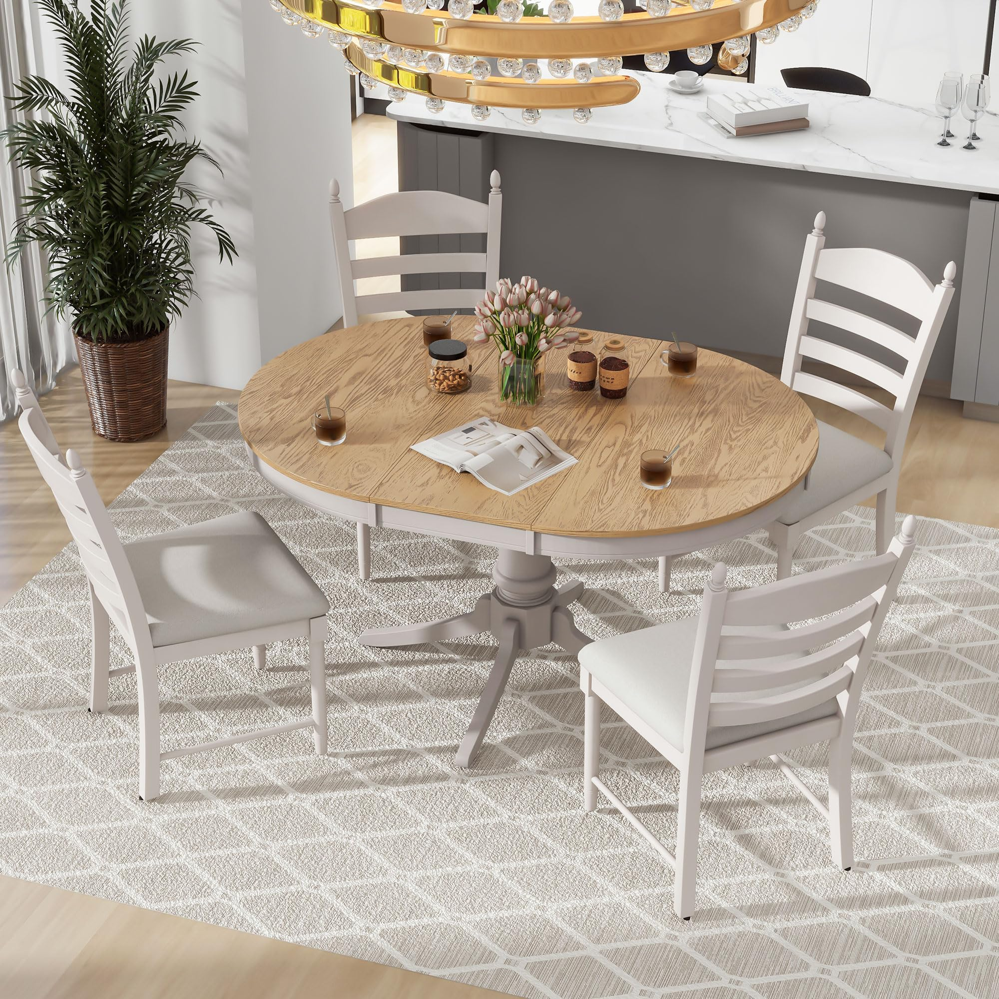 Dinehome 5-Piece Retro Wood Round Extendable Dining Table Set With 4 ... with regard to 5-Piece Dining Set, Table, 4 Wood Chairs With Cushion