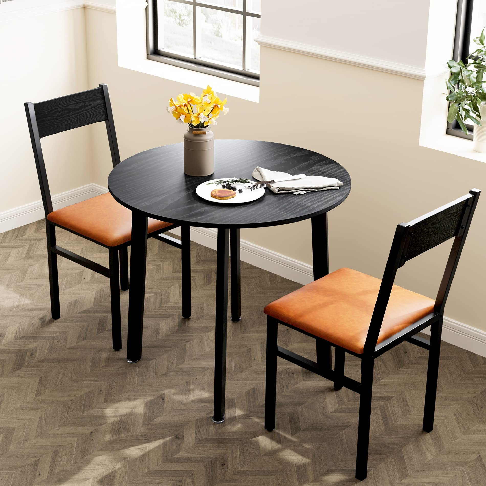 Dining Room Small Space within 3-Piece Table Set Table And 2 Wood Seat Dining Chairs, Oak Finish