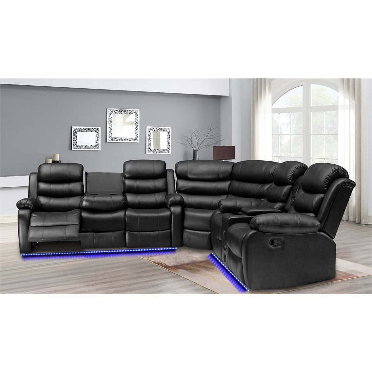 Donivi Power Reclining Theater Sofa, Led, Faux Leather In Black With ... with Bowery Hill Modern Led Faux Leather Reclining Sectional In Black