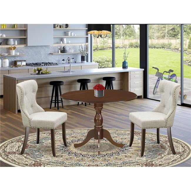 East West Furniture Dmsi3-Mah-35 3 Piece Modern Dining Table Set ... throughout 3-Piece Set, Kitchen Table, 2 Parson Chairs-Doeskin Fabric, Mahogany