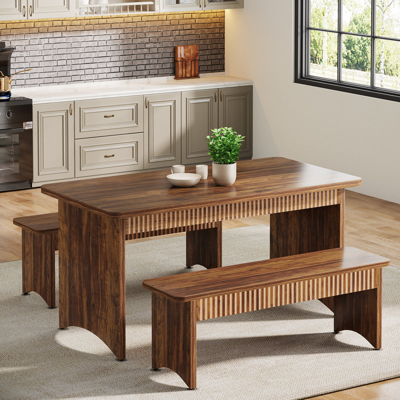 Ebern Designs Rectangular Dining Table Set For 4-6 Person, 3 Piece ... with regard to 3-Piecekitchen Table Set With A Dining Table And 2 Chairs, Mahogany