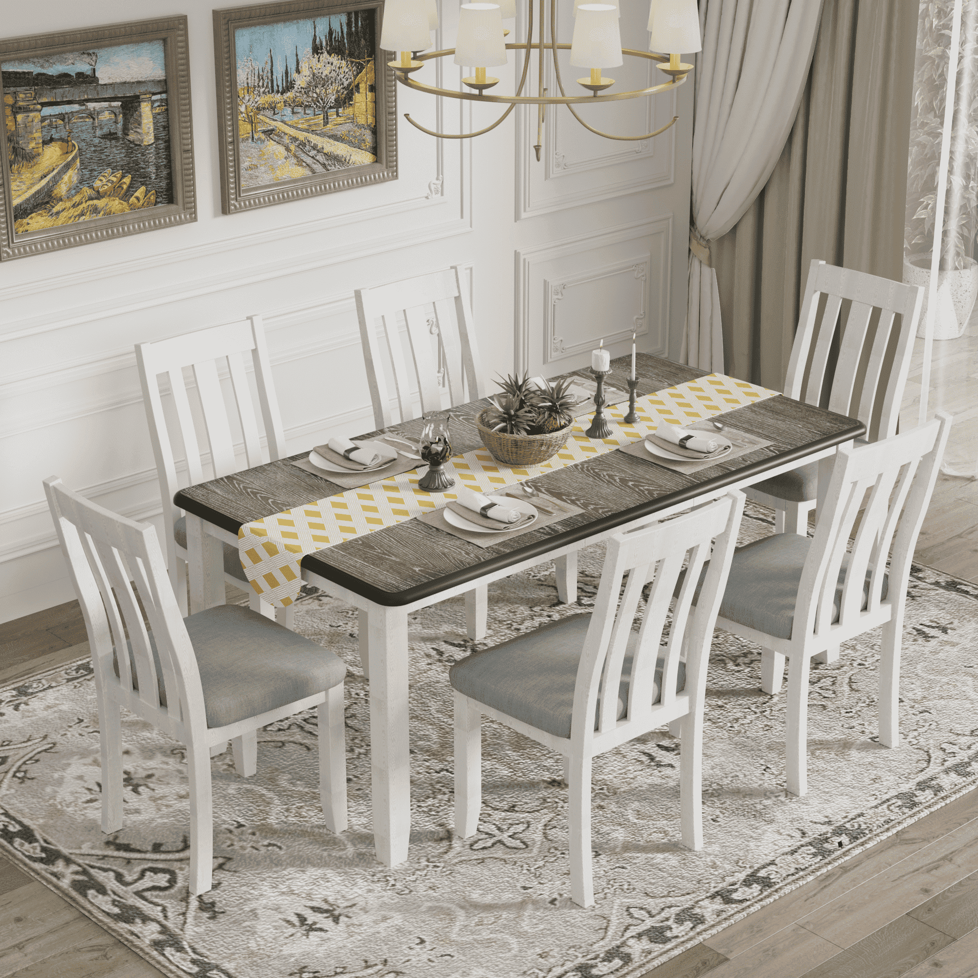 Euroco 7 Piece Solid Wood Dining Set,70" Dining Room Table Set With ... for Unveiling the Versatility of a 7-Piece Dining Set Square Table with Leaf and Chairs