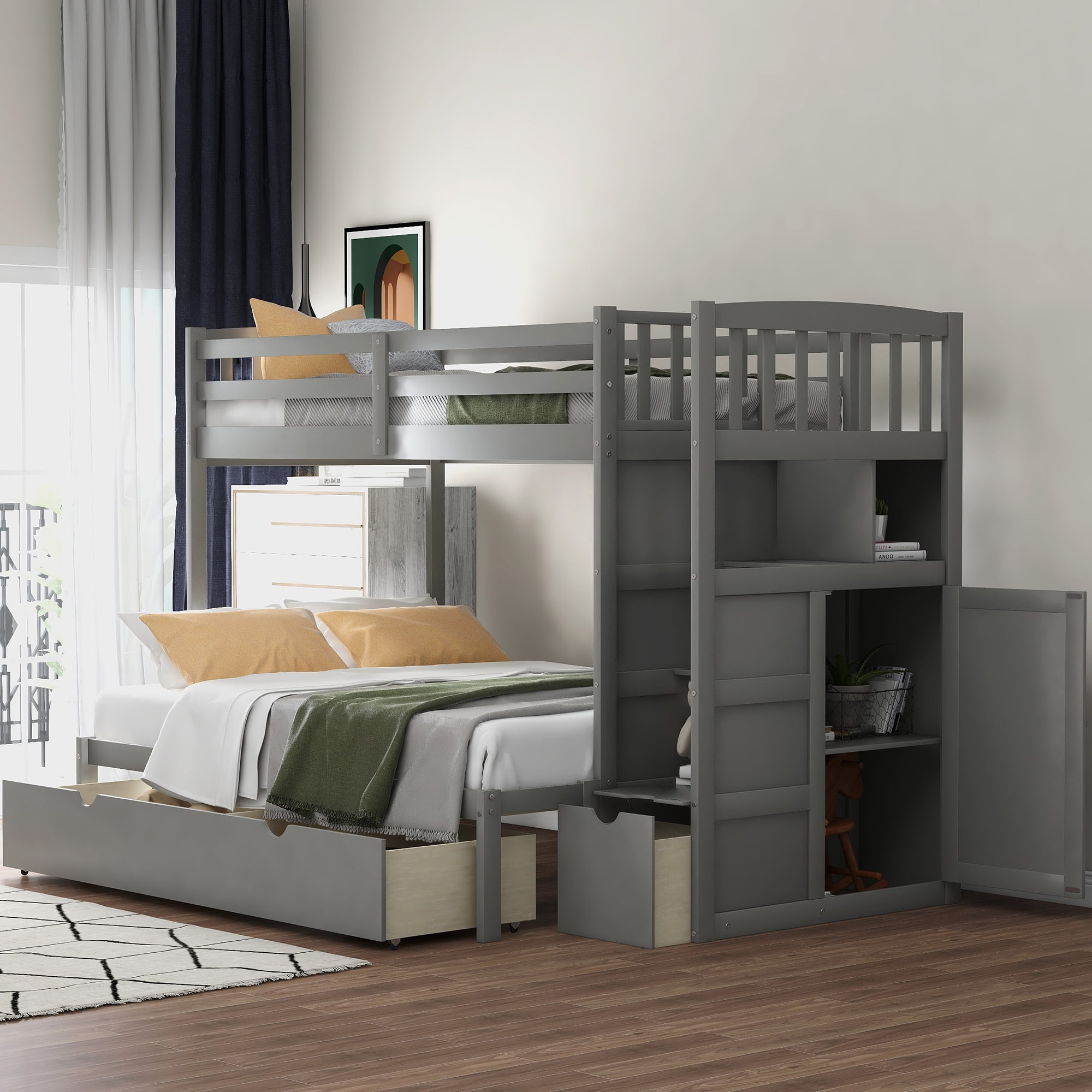 Euroco Twin Over Twin/Full Bunk Bed, Convertible Down Bed, With Storage ... intended for Gewnee Wooden Twin Over Full Bunk Bed With Storage Drawers In Gray