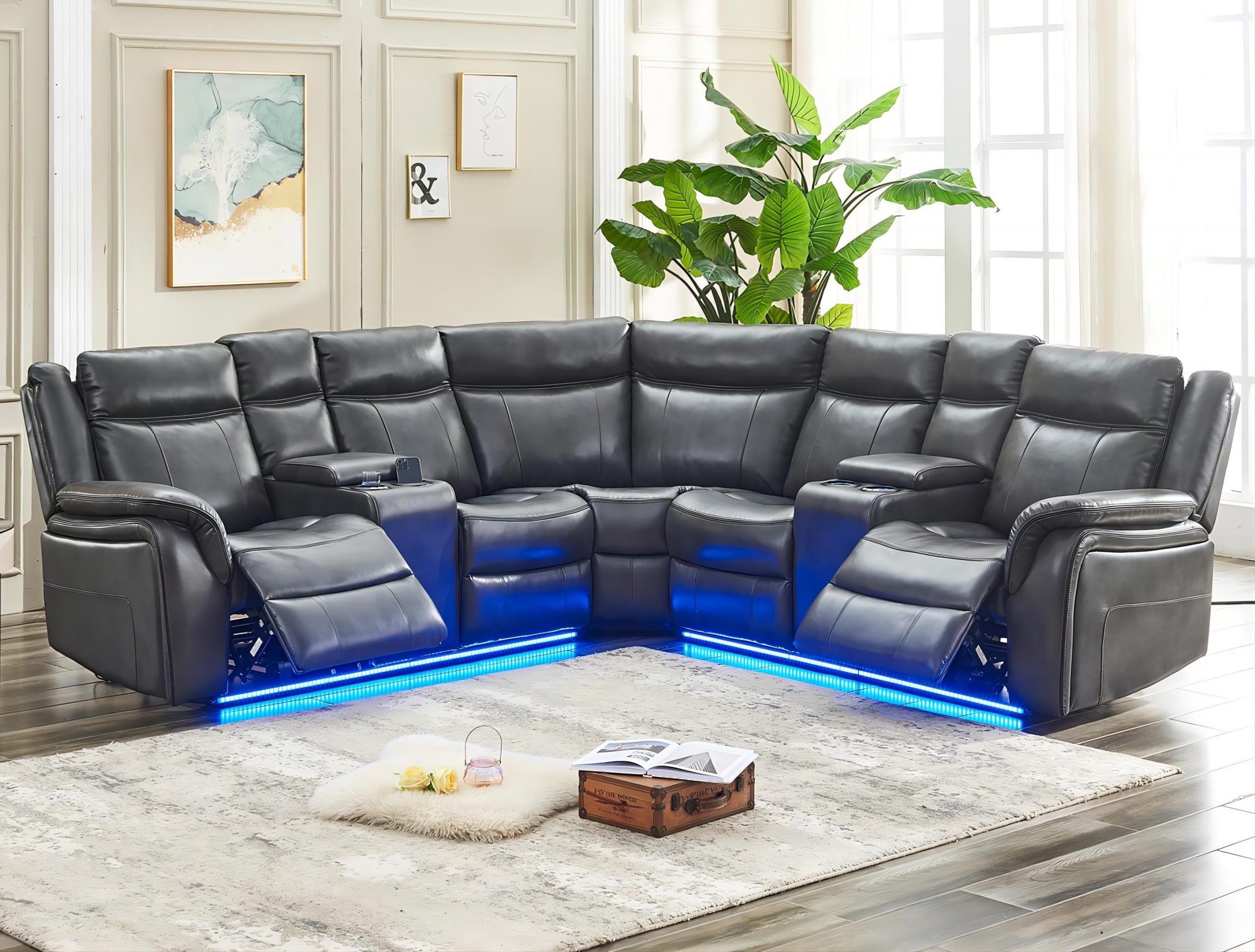 Faux Leather Reclining Sofa Set | Cabinets Matttroy for Bowery Hill Modern Led Faux Leather Reclining Sectional In Black