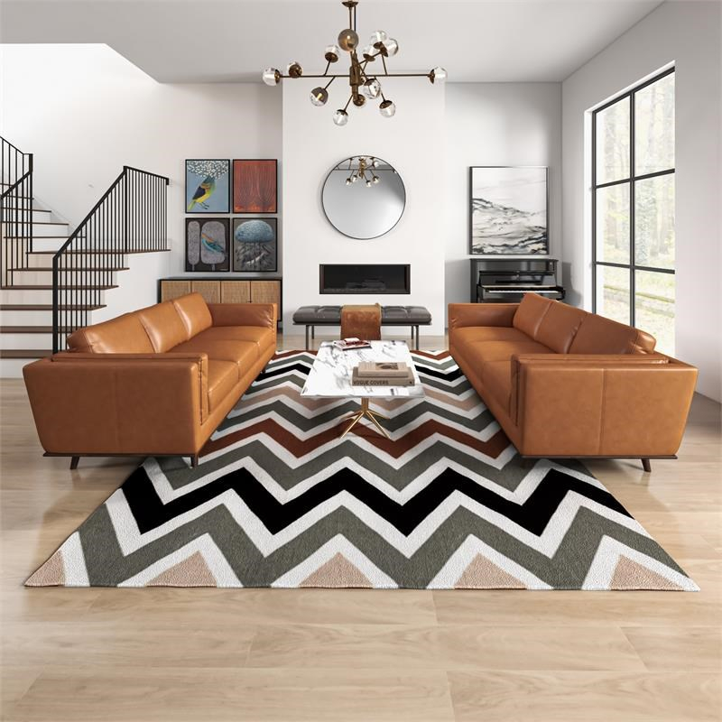 Ferris Mid-Century Pillow Back Leather Sofa Set In Tan | Homesquare inside From Showroom to Living Room What to Expect with a Ferris Sofa