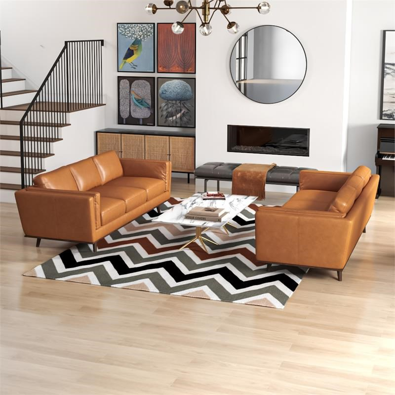 Ferris Mid-Century Pillow Back Leather Sofa Set In Tan | Homesquare within Ferris Mid-Century Pillow Back Leather Sofa Set In Tan