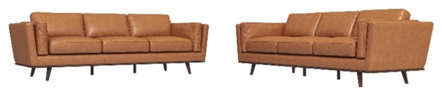 Ferris Mid-Century Pillow Back Leather Sofa Set In Tan - Midcentury ... for From Showroom to Living Room What to Expect with a Ferris Sofa