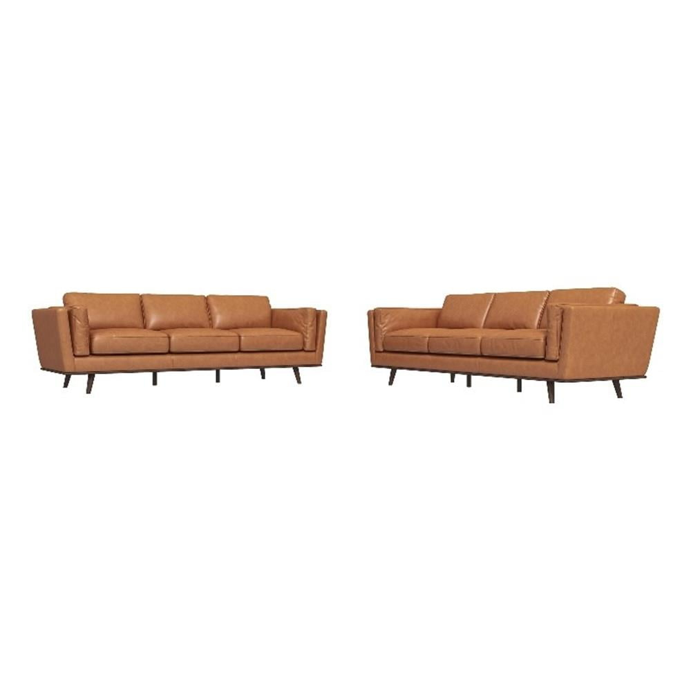 Ferris Mid-Century Pillow Back Leather Sofa Set In Tan - Walmart.com within From Showroom to Living Room What to Expect with a Ferris Sofa