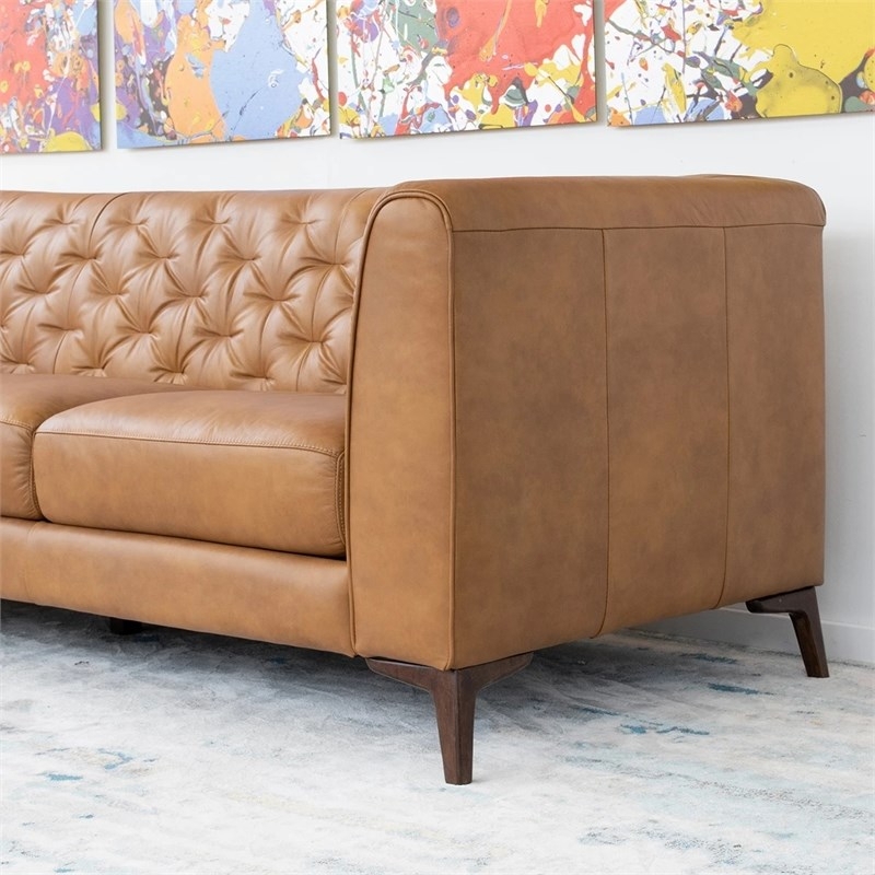 Flore Mid-Century Tight Back Tufted Back Genuine Leather Sofa In Tan ... for From Showroom to Living Room What to Expect with a Ferris Sofa