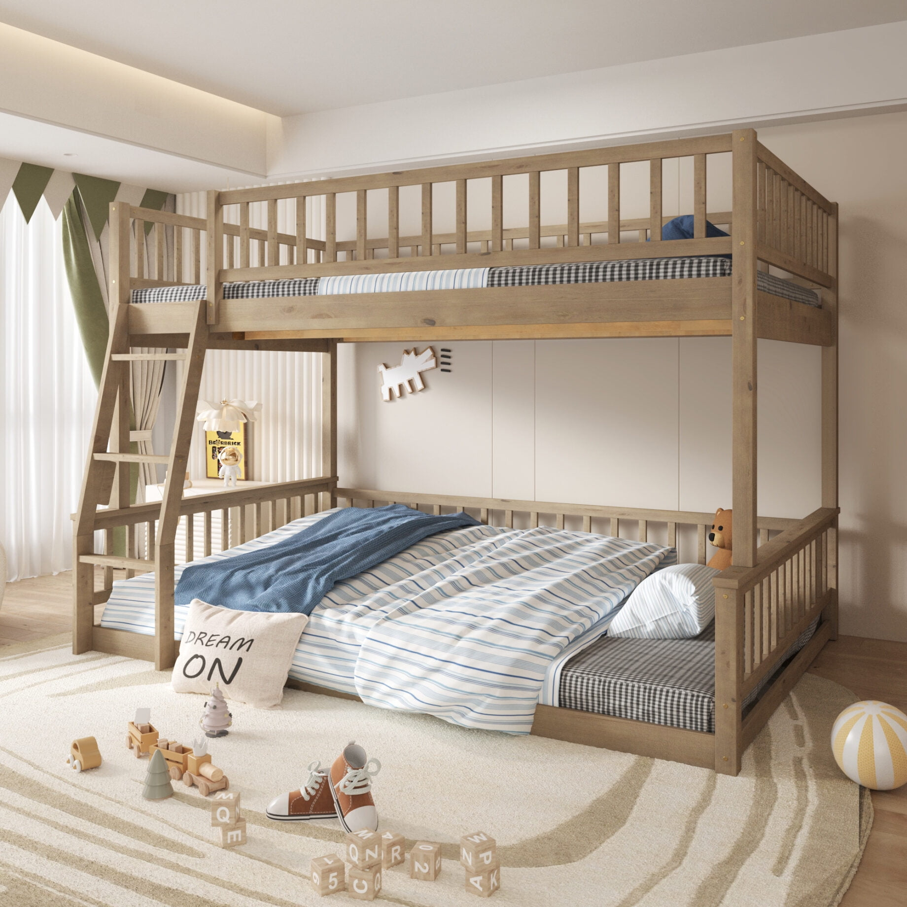 Full Xl Over Queen Bunk Bed With Ladder And Guardrails, Wood Bunk Bed ... within Gewnee Twin Xl Over Queen Bunk Bed With Ladder And Guardrails, Walnut