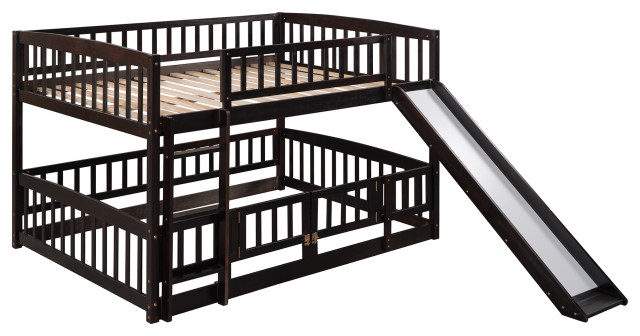 Gewnee Full Over Full Low Bunk Bed With Fence And Ladder In Espresso ... for Gewnee Full Over Full Low Bunk Bed With Slide And Fence In White